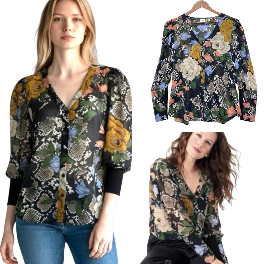 Cabi #3762 Snake Charmer Floral Sheer Blouse‎ Women's Size XL Button Front Tunic